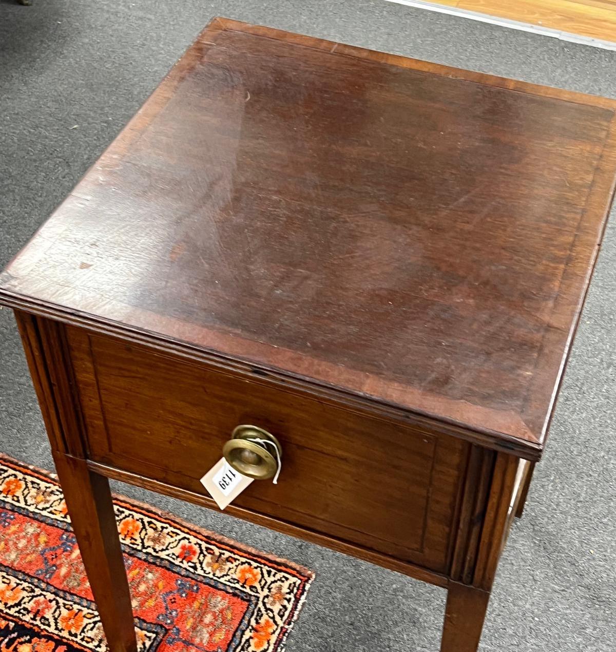 A 19th century style mahogany side table, fitted drawer on square tapered legs, width 50cm, depth 49cm, height 71cm